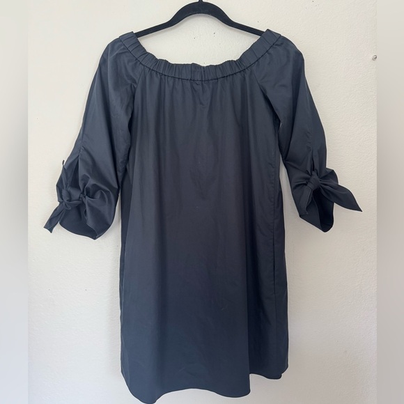 Tibi Off-Shoulder Navy Blue Shift Dress Wylie Satin Bow Sleeves Mini Size 0 XS - Picture 3 of 12